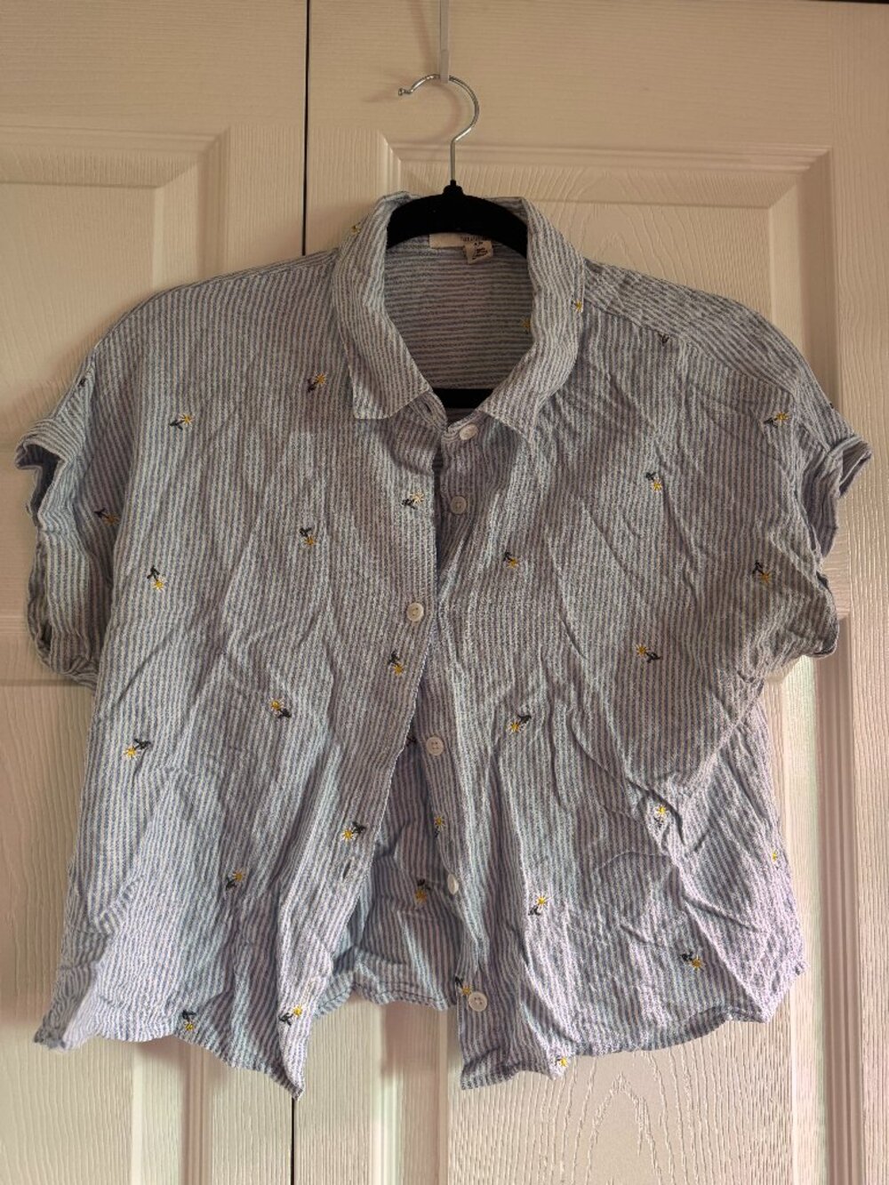 Thread Supply Cropped Button Down Size S – White & Blue Daisy Embroidered Top
